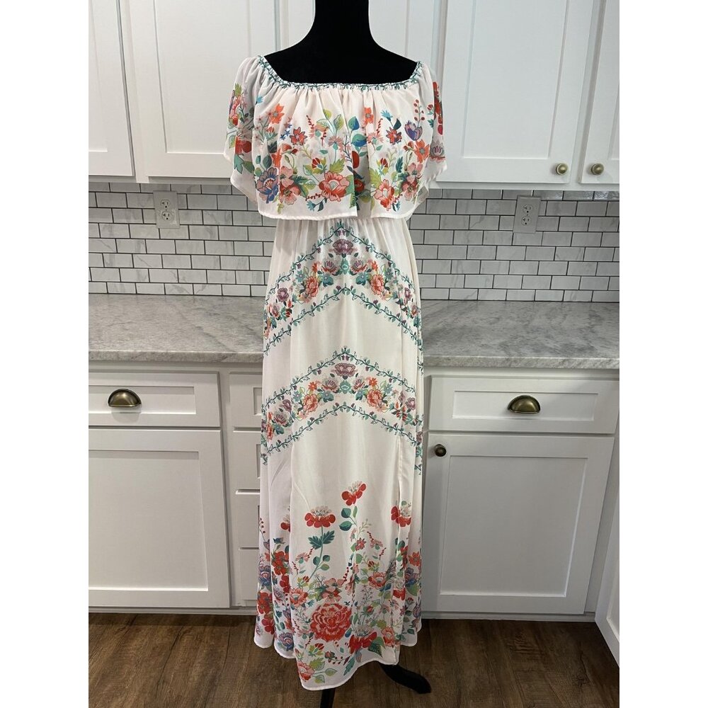 Jealous Tomato Dress Womens M White Floral Off Shoulder Ruffle Maxi Boho Fiesta
